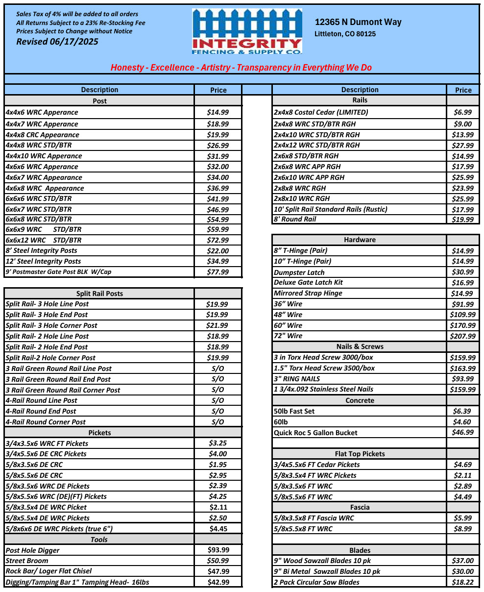 price list