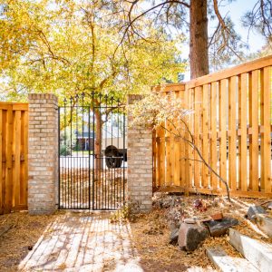 Iron and stone gate with cedar fence Littleton